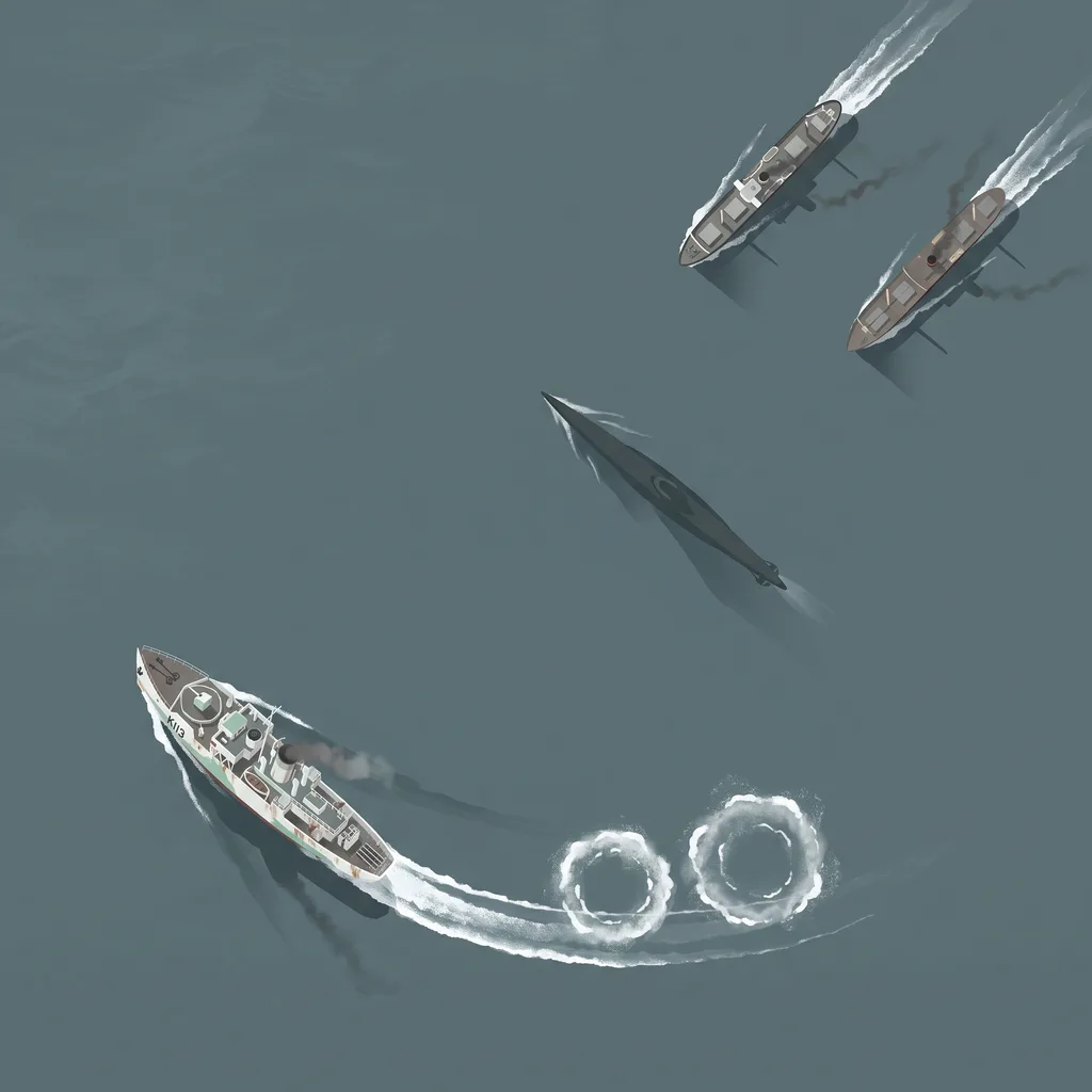 Top-down view of a Royal Navy corvette turning hard and dropping depth charges as a U-boat slips towards the merchant convoy