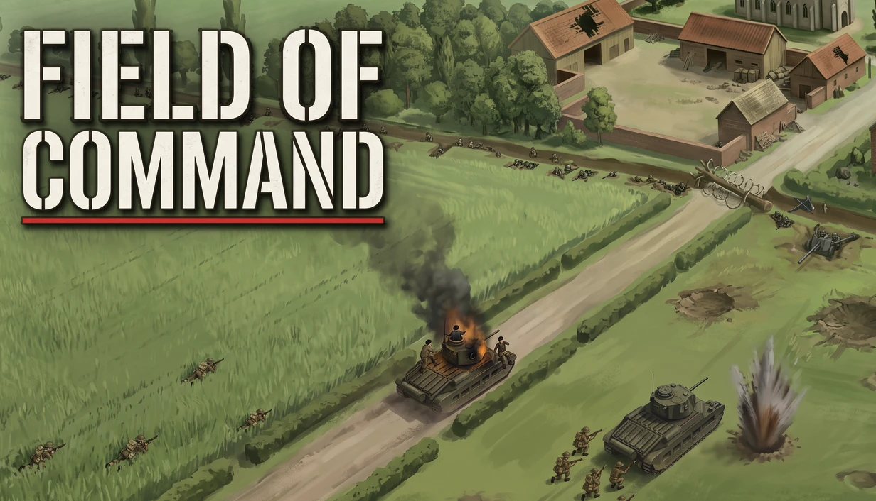 Field of Command wordmark over British Matilda tanks and infantry advancing past a burning tank near a French village, 1940